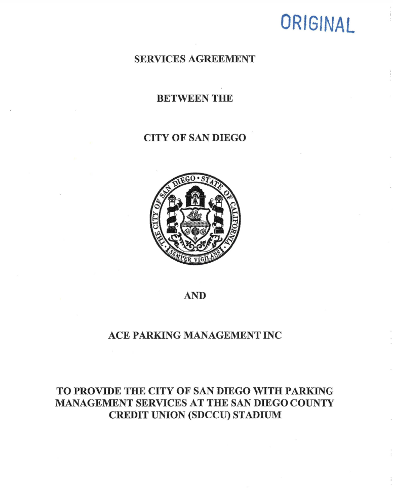 Mayor This Services Agreement (Agreement) is entered into by and between the City of San Diego, a municipal corporation and Ace Parking Management Inc